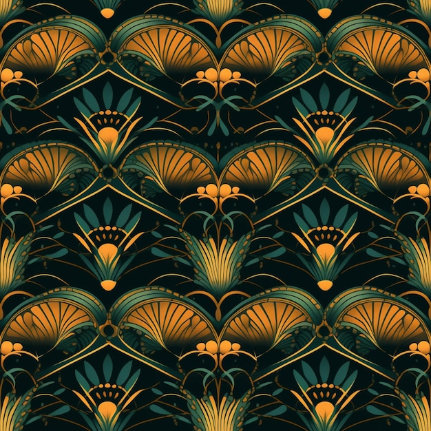 Een close-up van een patroon van waaiervormige bladeren en bloemen generatieve ai