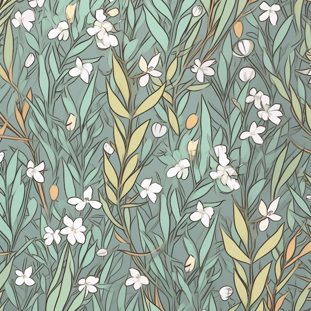 een close-up van een patroon van witte bloemen en groene bladeren generatieve ai