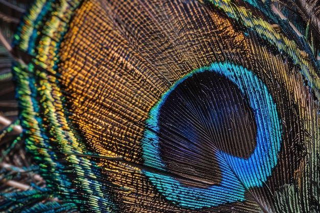 Een close-up van een pauwveer met een blauwe en groene wervel