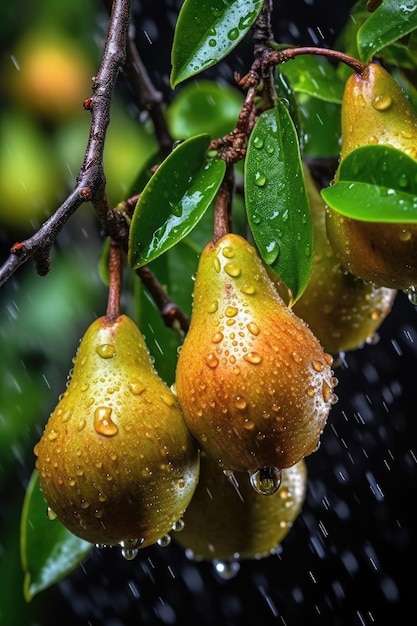 Een close-up van een perenboom met regendruppels erop