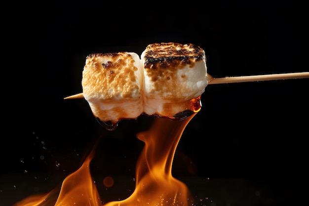 Een close-up van een perfect geroosterde marshmallow aan een spies