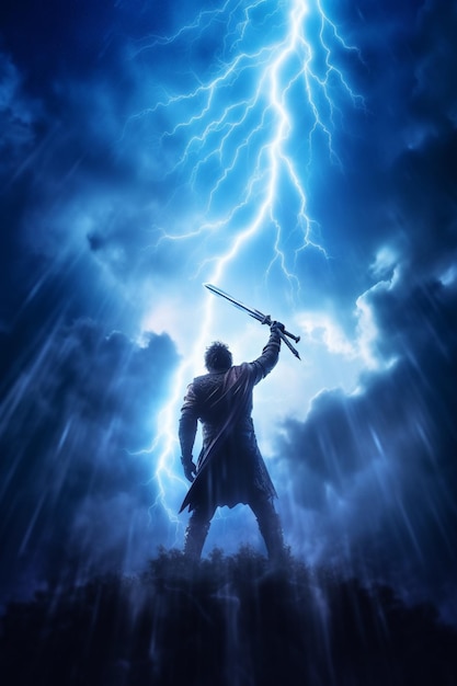 Foto een close-up van een persoon die een zwaard vasthoudt in een bliksemstorm generatieve ai