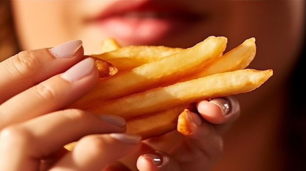 Een close-up van een persoon die friet eet, close-up op de mond