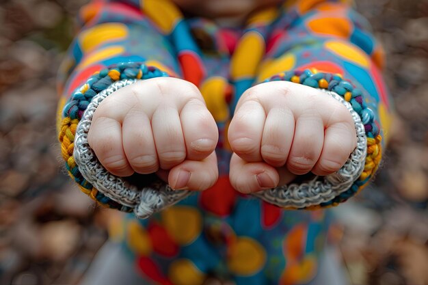 Foto een close-up van een persoon die hun handen bij elkaar houdt met beide handen samen met een kralen armband