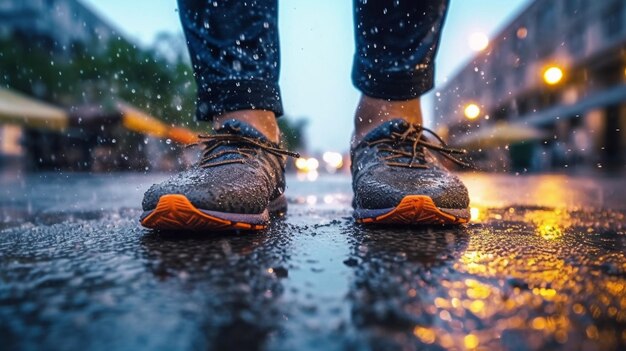 Een close-up van een persoon voeten in sneakers op een natte straat generatieve ai