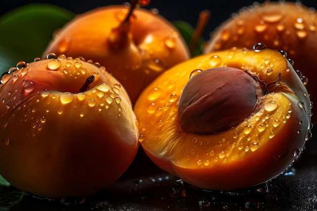 Een close-up van een perzik met waterdruppels erop