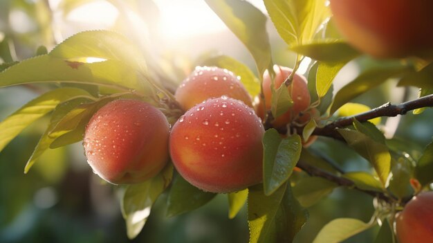 Een close-up van een perzikboom met waterdruppels erop