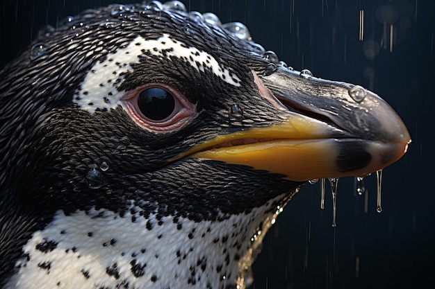 een close-up van een pinguïn hoofd met een snavel vol water