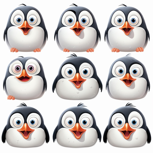 een close-up van een pinguïn met verschillende gezichtsuitdrukkingen generatieve ai