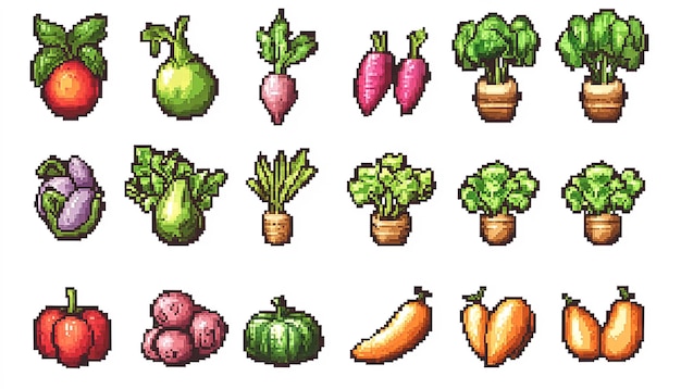 Een close-up van een pixel stijl foto van een verscheidenheid aan groenten
