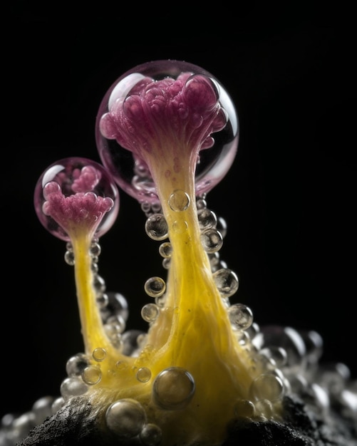 Een close-up van een plant met bubbels en een roze bloem