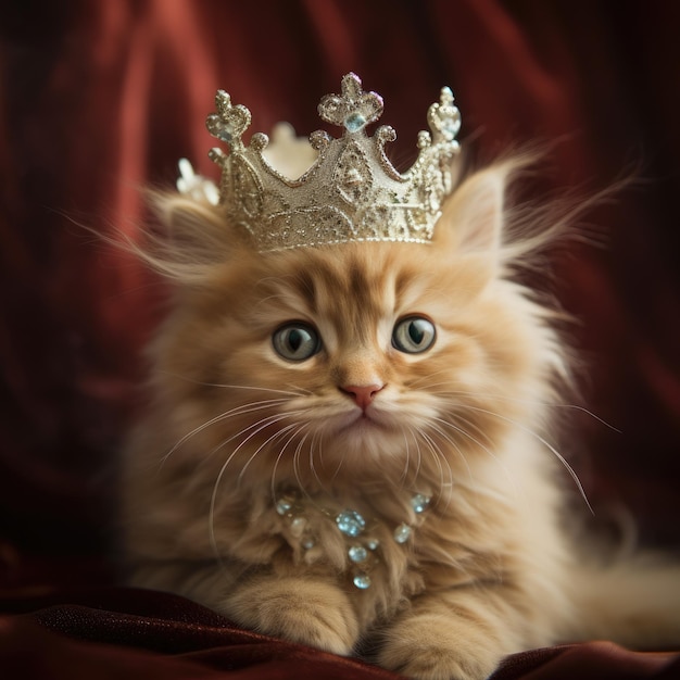 Een close-up van een pluizig katje in een kroon