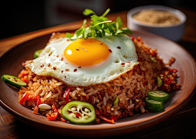 Een close-up van een portie Nasi Goreng met een gebakken ei erop