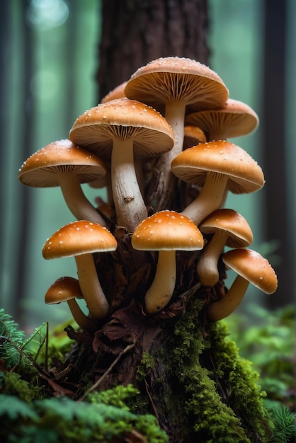 Een close-up van een prachtige groep paddenstoelen met kleurrijke verlichting