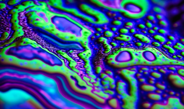 Een close-up van een psychedelisch patroon van blauwe, groene en paarse tinten dat lijkt op een buitenaards landschap