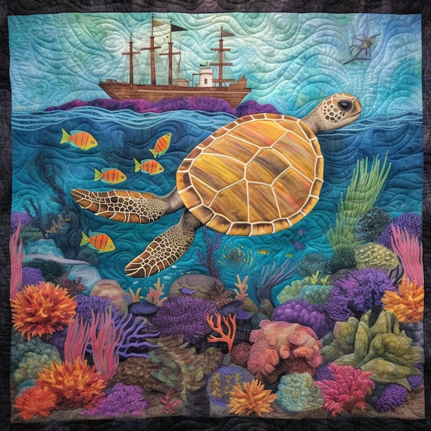 Een close-up van een quilted quilt met een schildpad en een schip generatieve ai