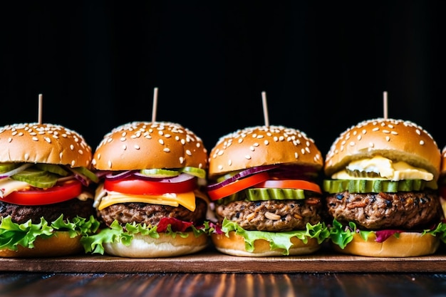 een close-up van een rij hamburgers met augurken en tomaten generatieve ai