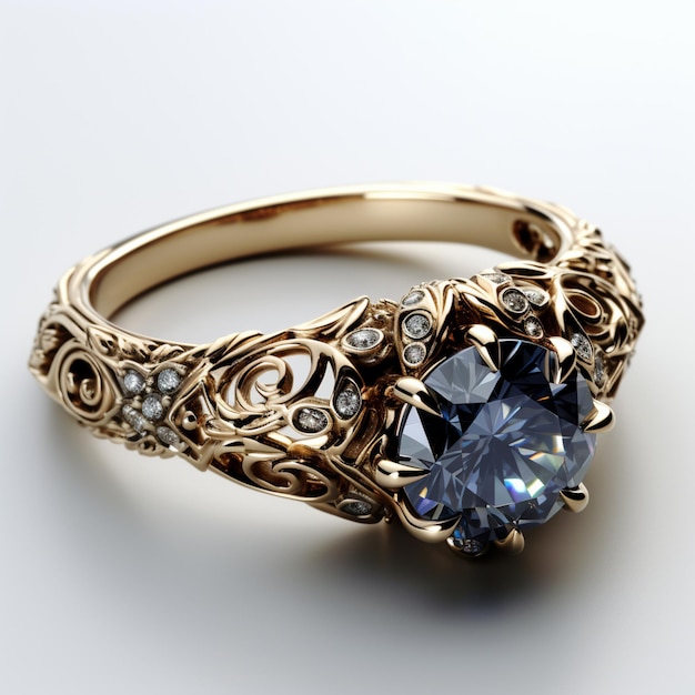 een close-up van een ring met een blauwe diamant omringd door diamanten generatieve ai