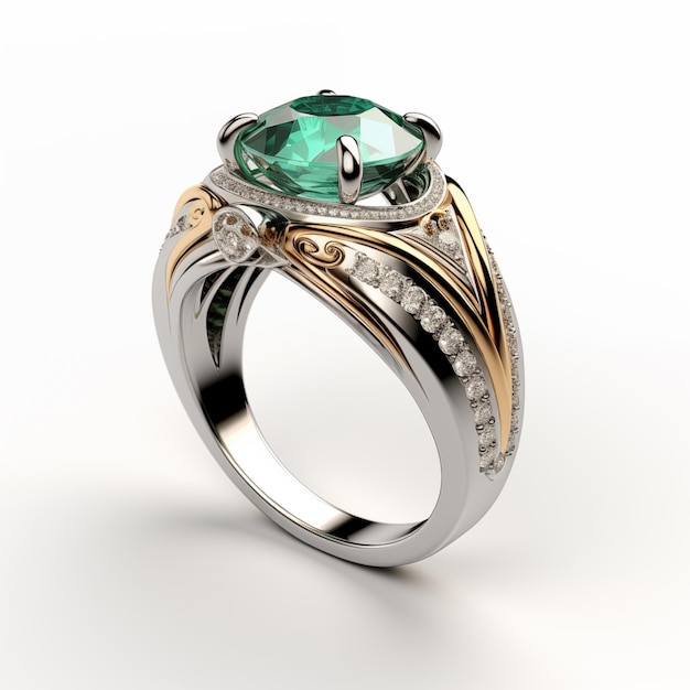 een close-up van een ring met een groene steen omringd door diamanten generatieve ai