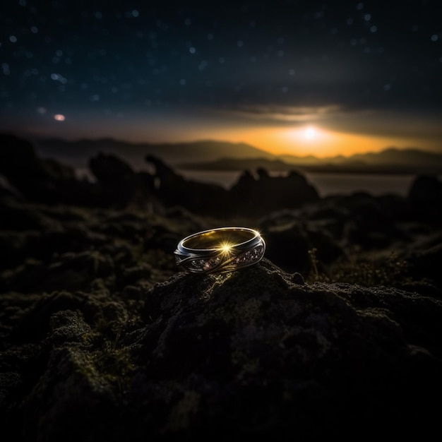 Een close-up van een ring op een rots met een zonsondergang op de achtergrond generatieve ai