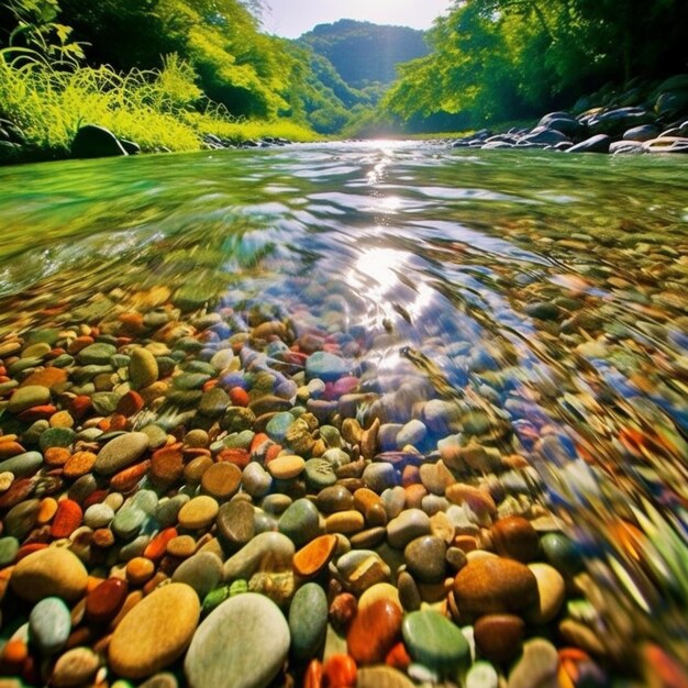 een close-up van een rivier met rotsen en water erin generatieve ai