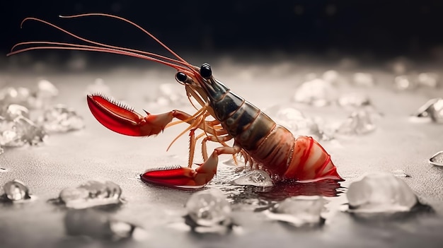 Een close-up van een rivierkreeft op een natte ondergrond met waterdruppeltjes erop