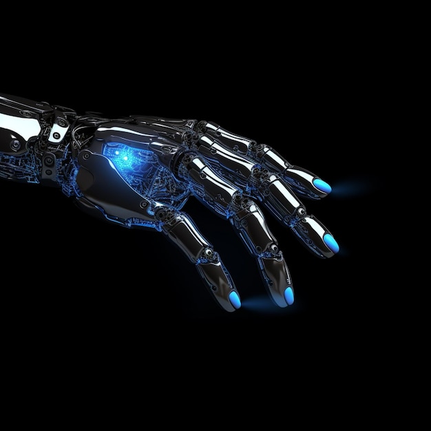 Een close-up van een robothand met een gloeiend blauw licht generatieve ai