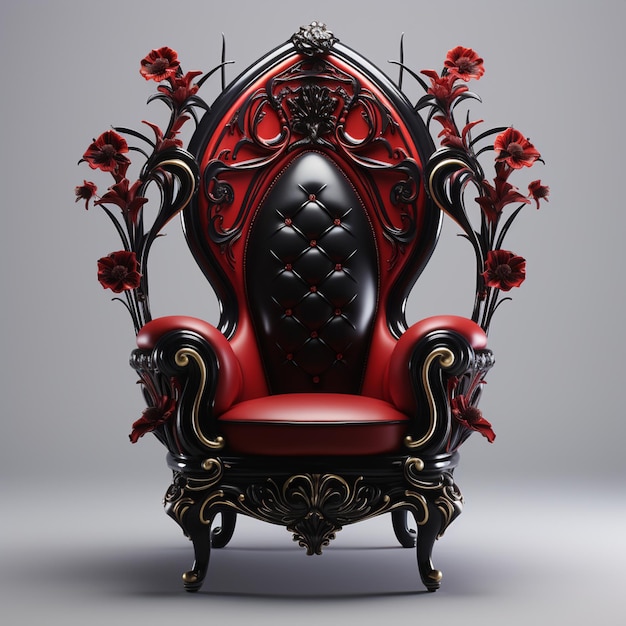 een close-up van een rode en zwarte stoel met bloemen erop generatieve ai