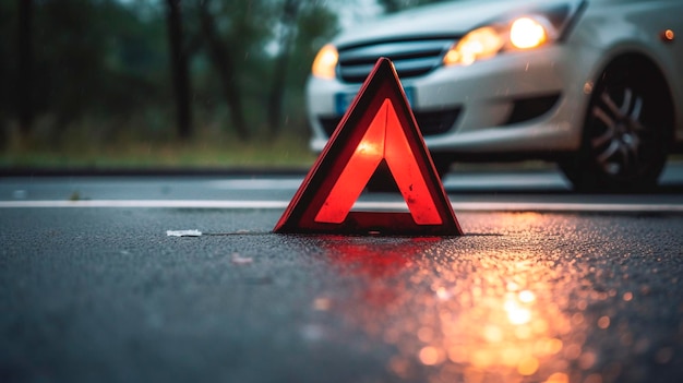 Een close-up van een rode gevarendriehoek op de weg voor een auto na een ongeval Generatieve AI