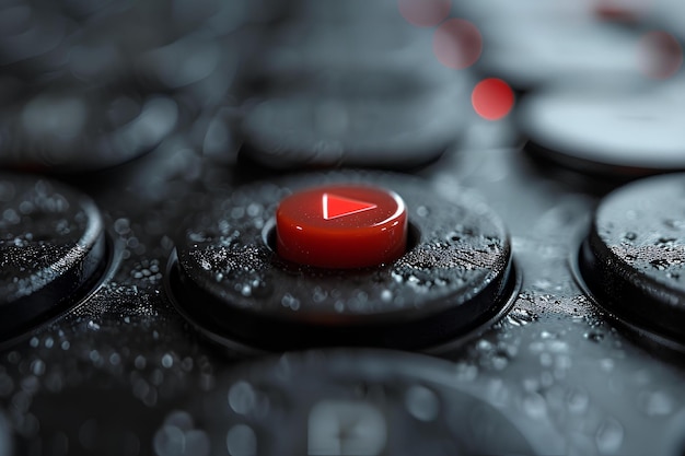 Een close-up van een rode knop op een zwart oppervlak met waterdruppels erop en een wazige achtergrond