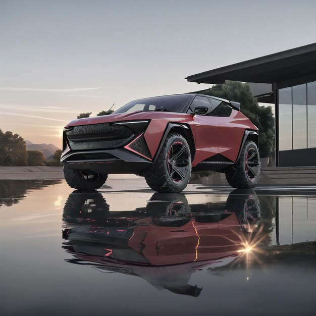 een close-up van een rode SUV geparkeerd voor een gebouw