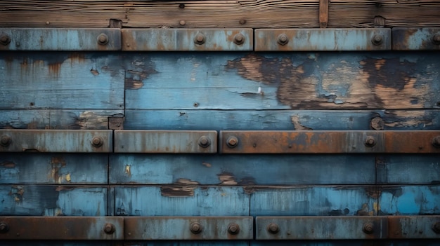een close-up van een roestblauwe muur met klinknagels erop