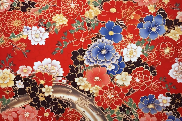 Een close-up van een rood bloemenontwerp met bloemen en een goud metaalobject.