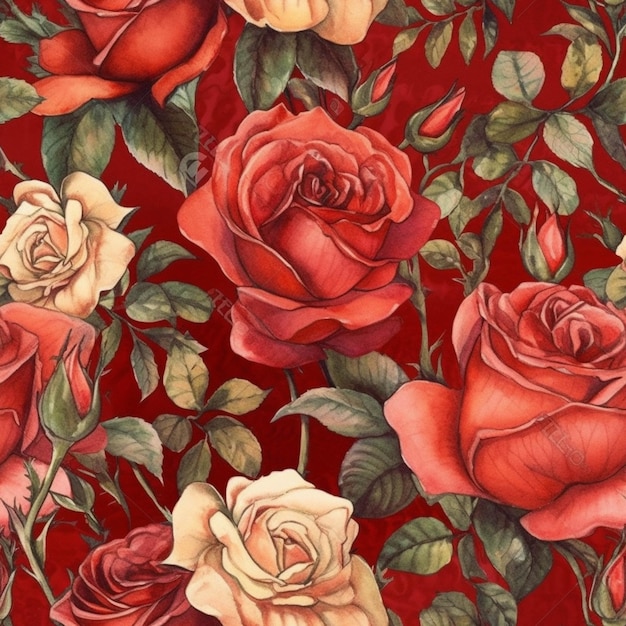 Een close-up van een rood en geel rozenpatroon op een rode achtergrond generatieve ai