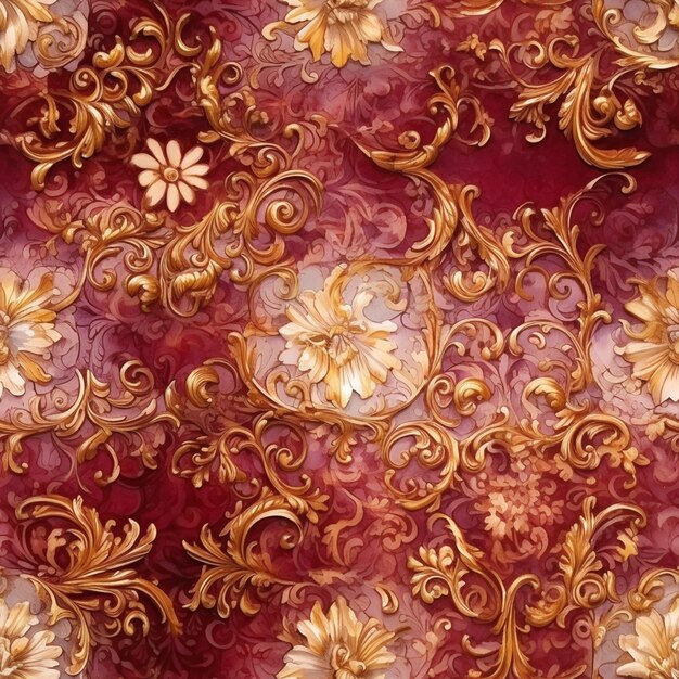 Een close-up van een rood en goud behang met gouden bloemen generatieve ai