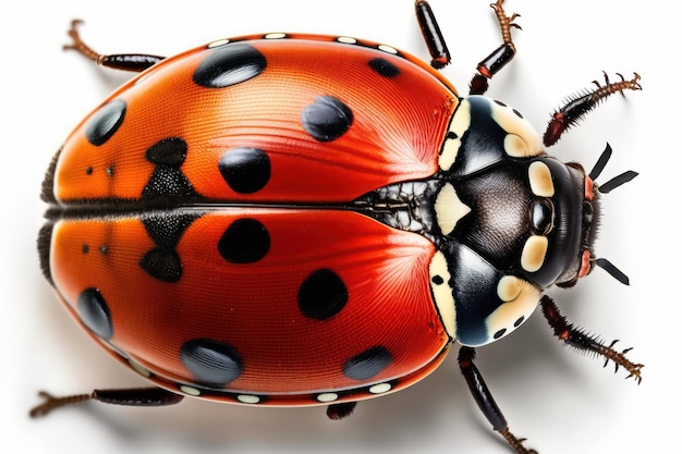 Een close-up van een rood lieveheersbeestje met zwarte stippen aan de onderkant.