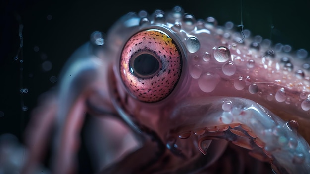 Een close-up van een rood vissenoog met waterdruppels erop