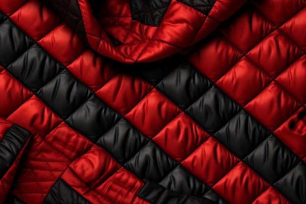 Een close-up van een rood-zwarte quilted jas met een zwarte kap generatieve ai