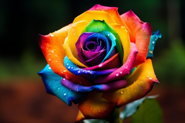 Een close-up van een roos met een levendige regenboog op de achtergrond