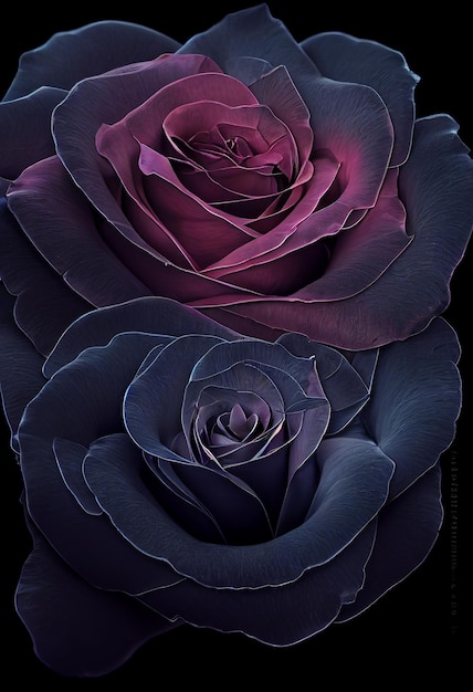 Een close-up van een roos met paarse en blauwe kleuren