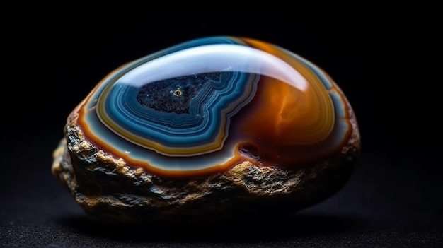 Een close-up van een rots met een groot blauw en oranje agaat.