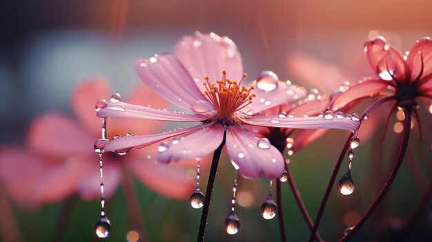 Een close-up van een roze bloem met waterdruppels erop