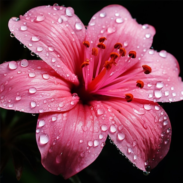 Een close-up van een roze bloem met waterdruppeltjes erop