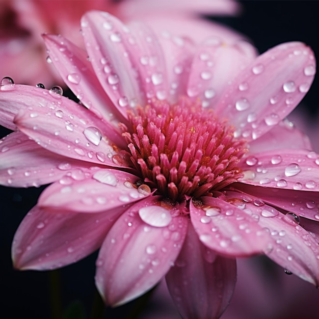 Een close-up van een roze bloem met waterdruppeltjes erop