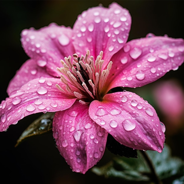 Een close-up van een roze bloem met waterdruppeltjes erop