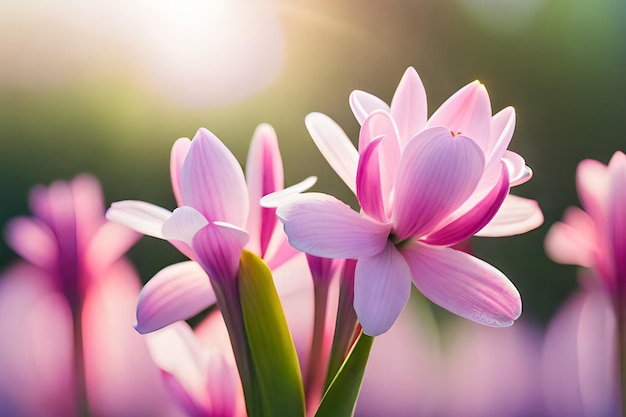 Een close up van een roze bloem waar de zon op schijnt.