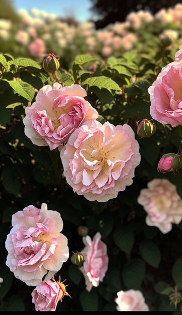 Een close-up van een roze en witte rozenstruik met een groen blad.