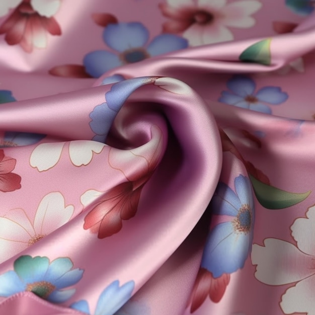 Een close-up van een roze florale print stof met een blauwe en roze bloem generatieve ai