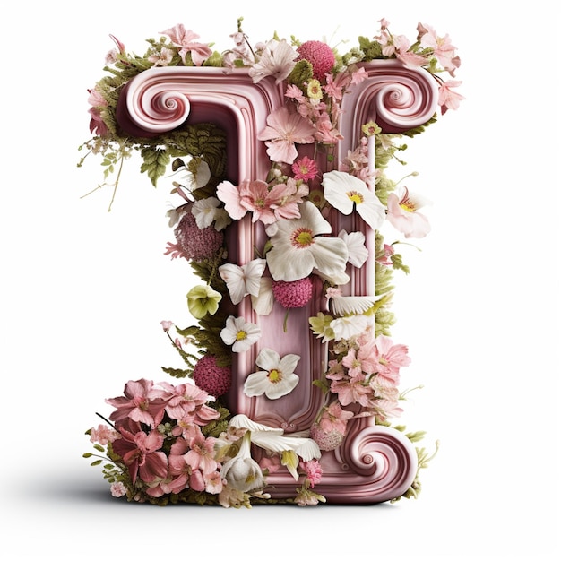 een close-up van een roze letter met bloemen op een witte achtergrond generatieve ai