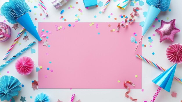 een close-up van een roze papier met feestdecoraties en confetti generatieve ai